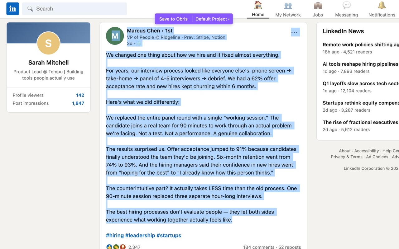 Obris dashboard with saved references